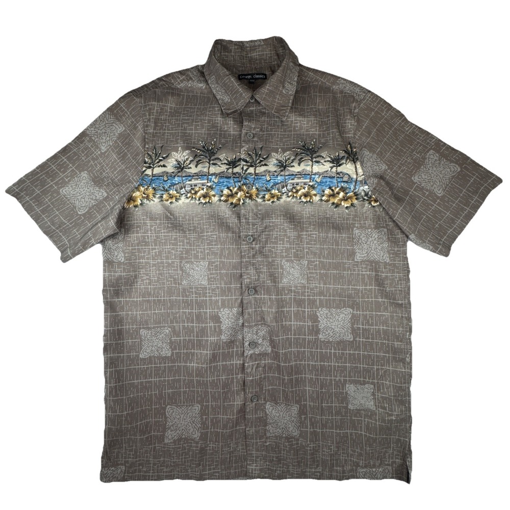George Classics Shirt Mens Medium Brown‎ Tropical Island Scenic Palm Tree Aloha
